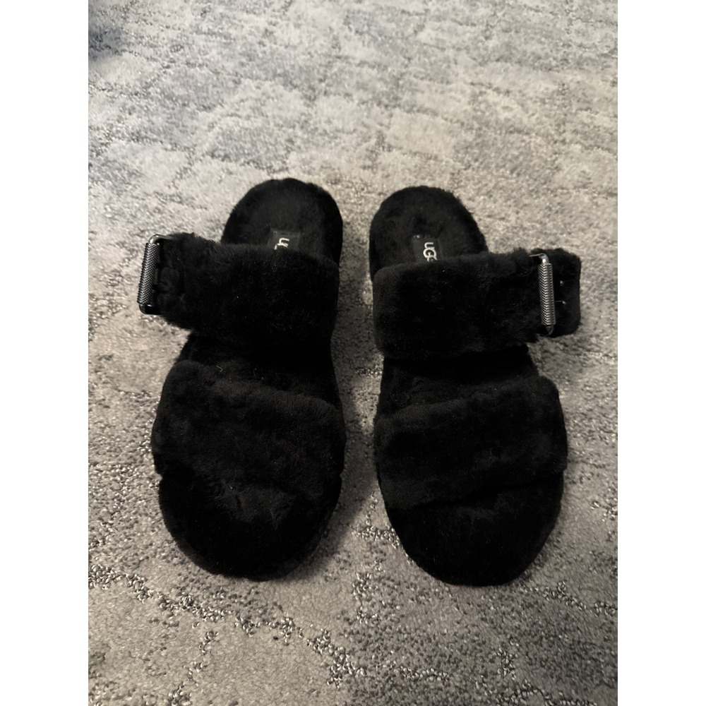 UGG Fuzzita Black Sheepskin Platform Slide Sandal Slipper Buckle 8
